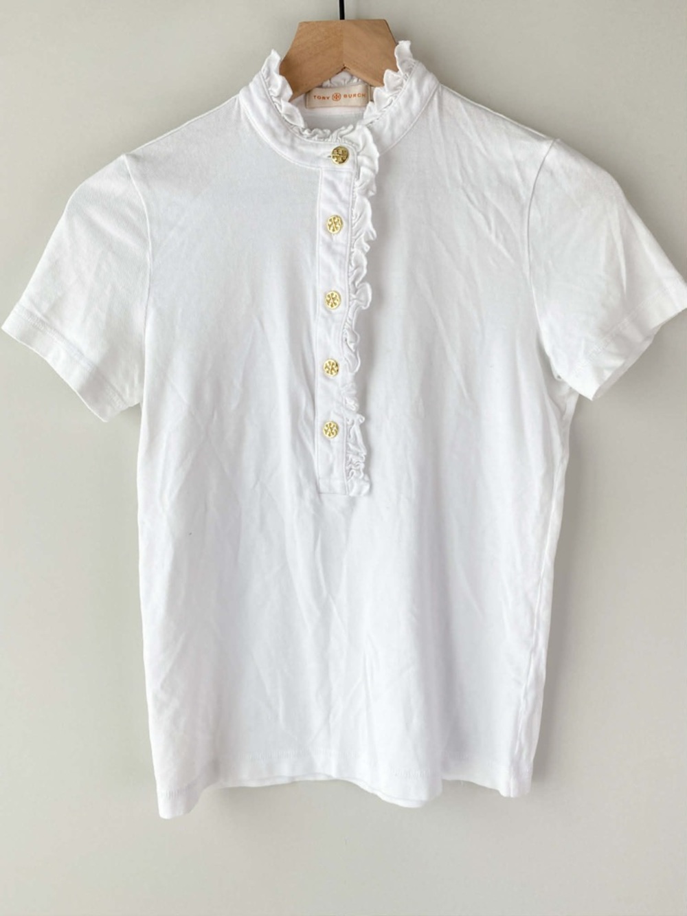 Tory Burch Womens Lidia Ruffle Sleeve Polo Top 2 White Gold Old Money Preppy